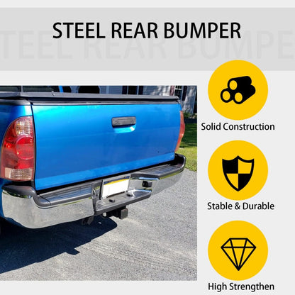 Rear Bumper Compatible With 2005-2015 Toyota Tacoma TO1103113 Bumper Assembly W/Pads Brackets and License Plate Lights Steel Chrome Fits Models With SR5 Package or Limited Package Only
