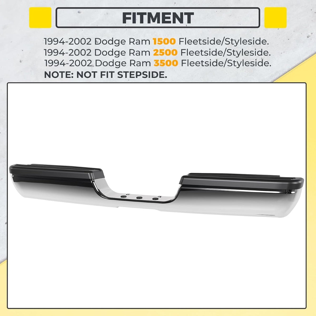 Rear Bumper Assembly Compatible with 1994-2002 Dodge Ram 1500 2500 3500 Fleetside/Styleside W/Step Pads Silvery+Black Steel+Plastic Powder Coated+Chrome Heavy Duty CH1102328