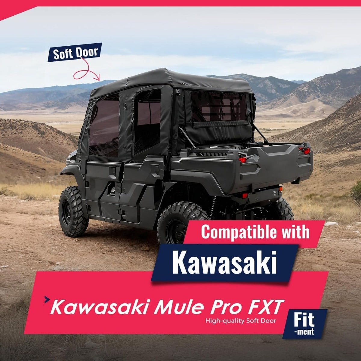 UTV Upper Half Soft Door+Soft Top+Rear Window W/Zipper Compatible with Kawasaki Mule Pro FXT Cab Enclosure Black+Tinted Plastic