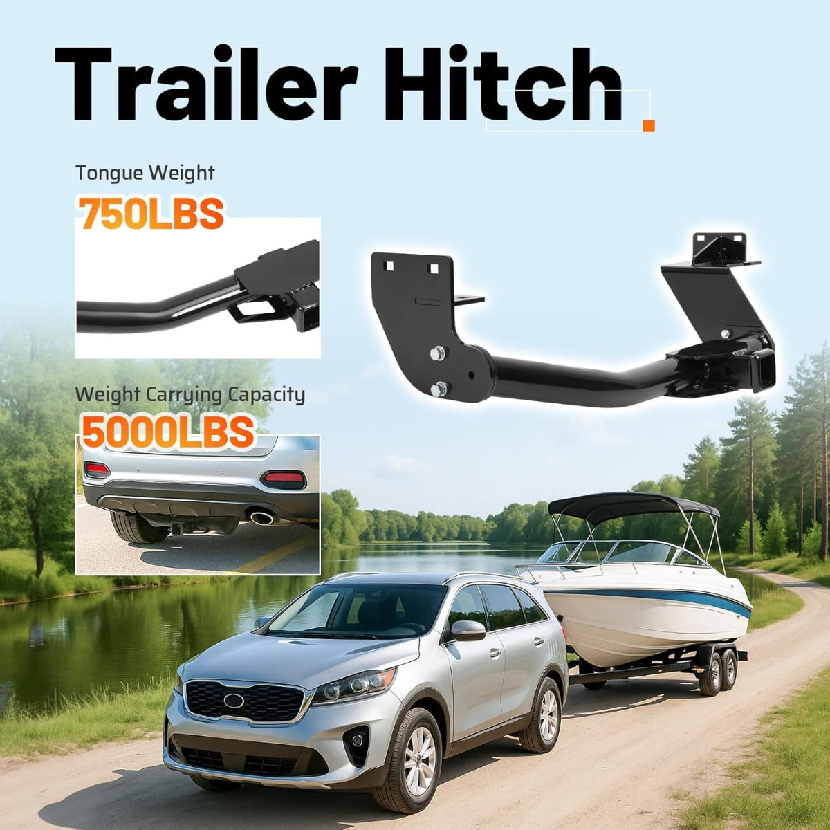 Class 3 Rear Trailer Hitch, 2 Inch Square Receiver Compatible with 2019-2020 Hyundai Santa Fe Sport, 2016-2020 Kia Sorento 5000LBS Steel