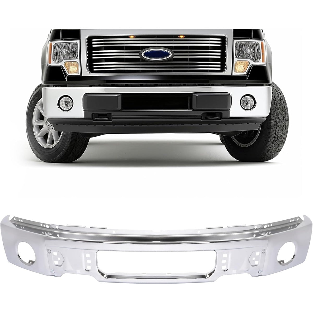 Front Bumper Face Bar Compatible with 2009-2014 Ford F150 F-150 w/Fog Light Holes Replacement for FO1002411 9L3Z17757B Chrome Steel Silvery 3Pcs