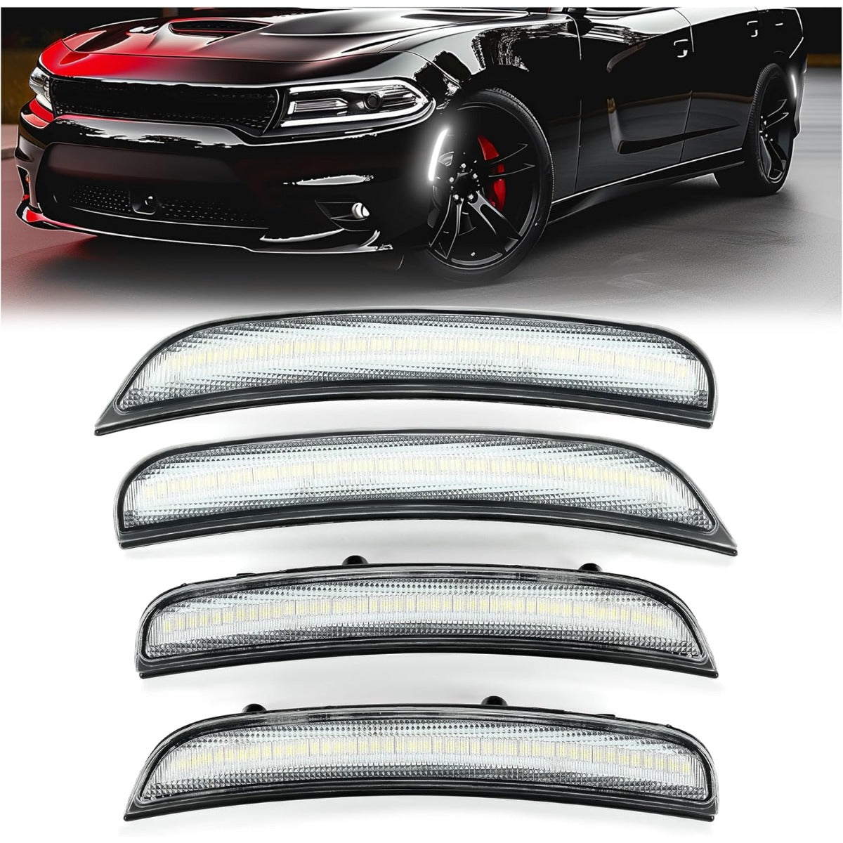 KUAFU  LED Side Marker Light Compatible with 2015-2024 Dodge Charger Clear Lens 4Pcs Front & Rear White Lights Replacement for 68214404AA 68214405AA 68214126AA 68214127AA