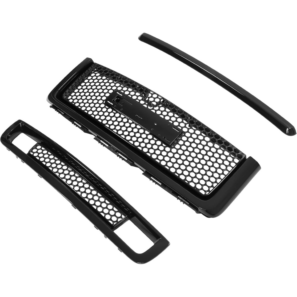 Front Upper Grille & Lower Grill & Molding Compatible with 2007-2013 GMC Sierra 1500 Denali Front Bumper Center Hood Grill Painted Gloss Black 3PCS