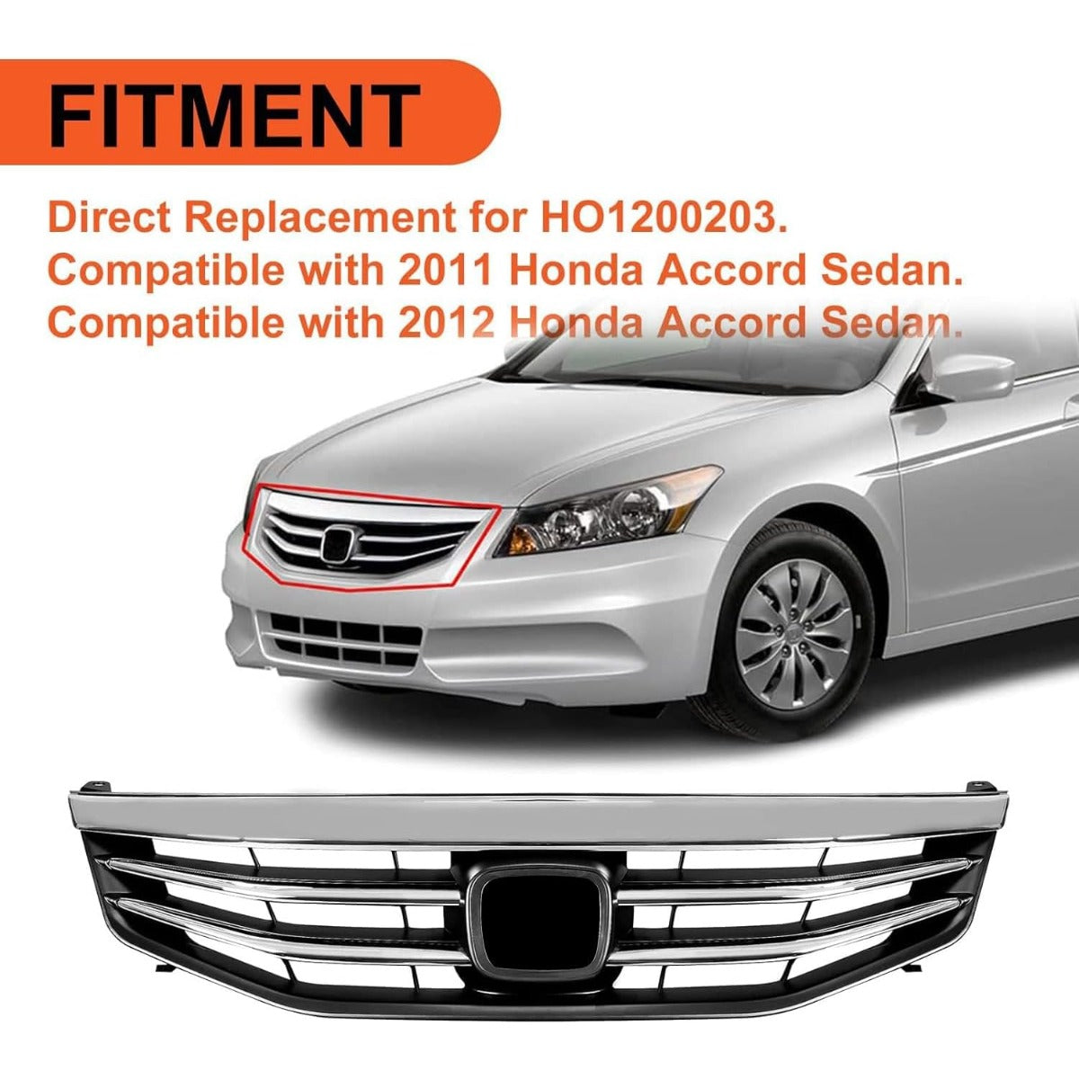 Chrome Front Bumper Grille Grill Compatible with 2011-2012 Honda Accord Sedan 4 Door Replacement for HO1200203 71121TA0A11 Upper Hood Grill