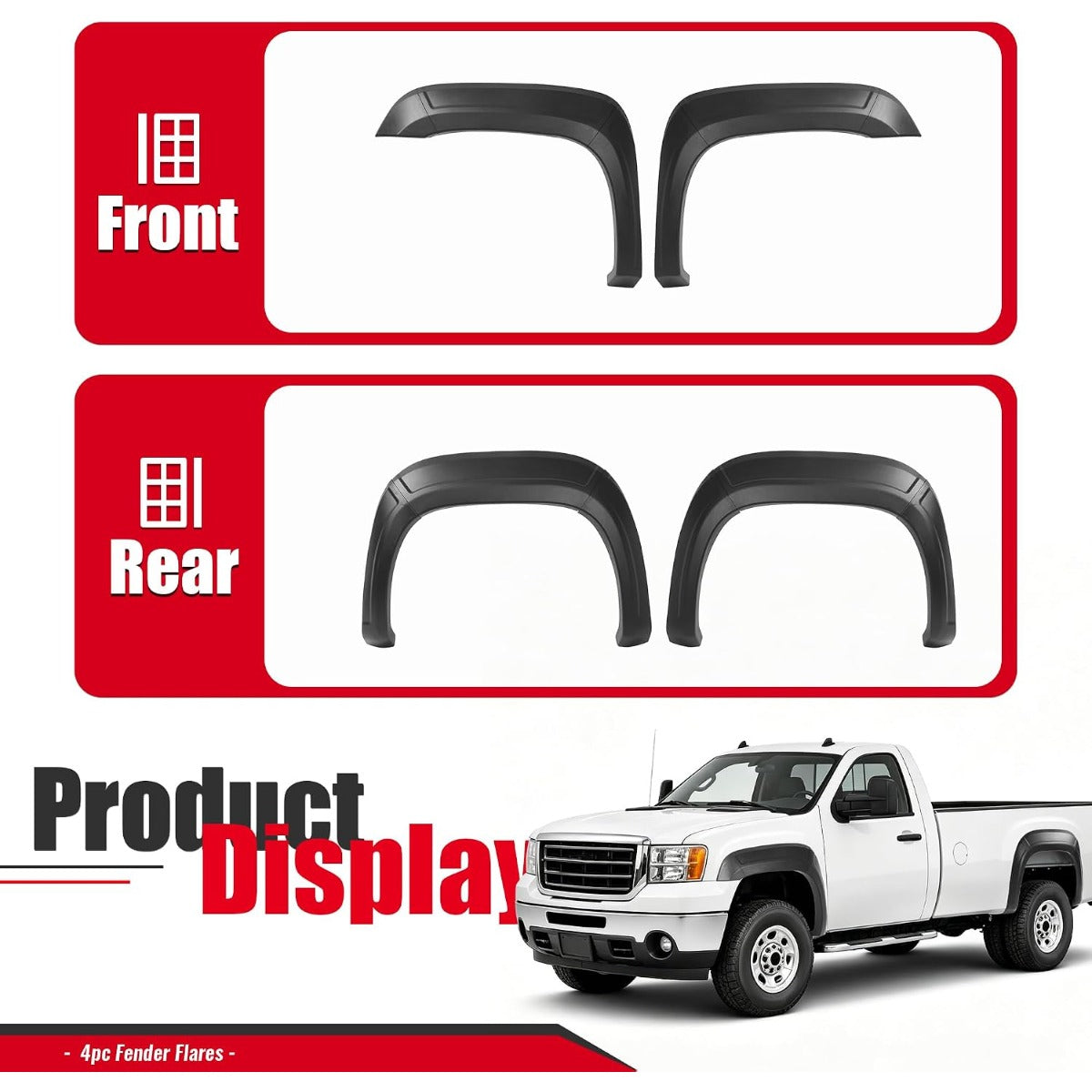 4Pcs Fender Flares Compatible with 2007-2013 GMC Sierra 1500 2500HD 3500HD 6'6" bed Front & Rear Wheel Cover Protector Plastic(PP) Textured Black