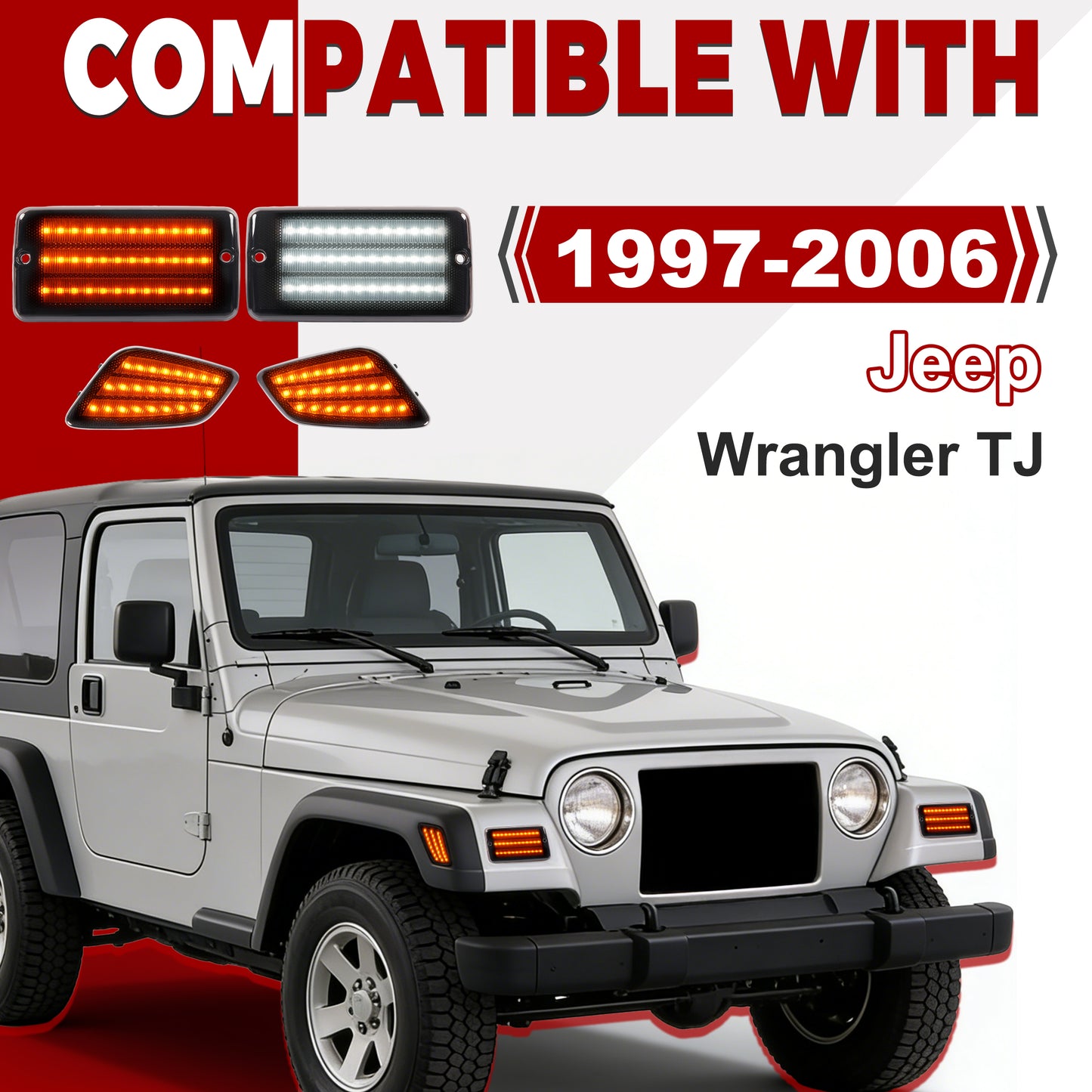 HECASA Pair LED Turn Signal and Side Marker Light Compatible with 1997-2006 Jeep Wrangler TJ Smoke Lens Plastic Front Bumper Signal Fender Light 4 Pieces