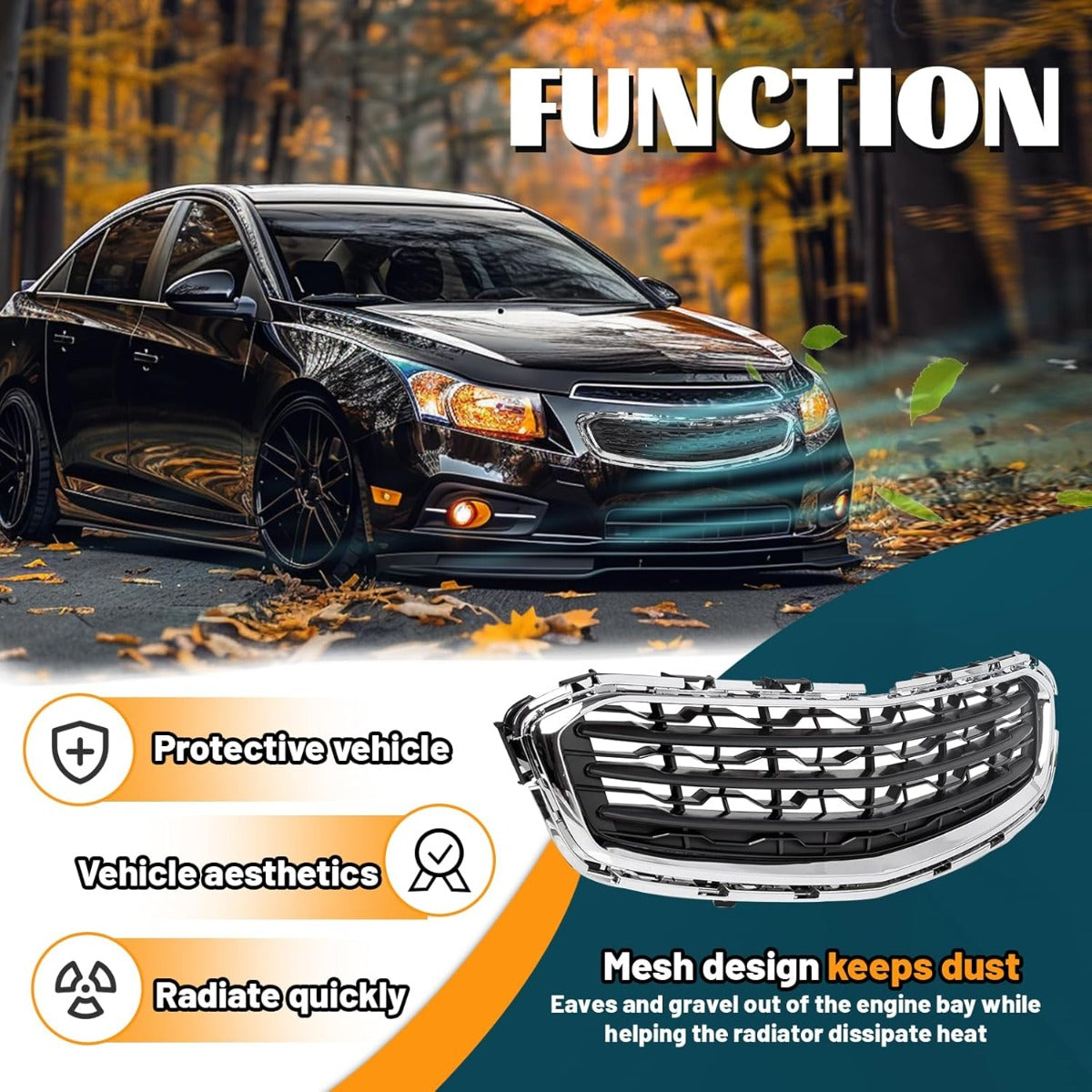 Bumper Center Grille Compatible with 2015 Chevy Cruze 2016 Chevrolet Cruze Limited Front Center Grill Replacement for GM1200728 95405770 Black with Chrome Molding