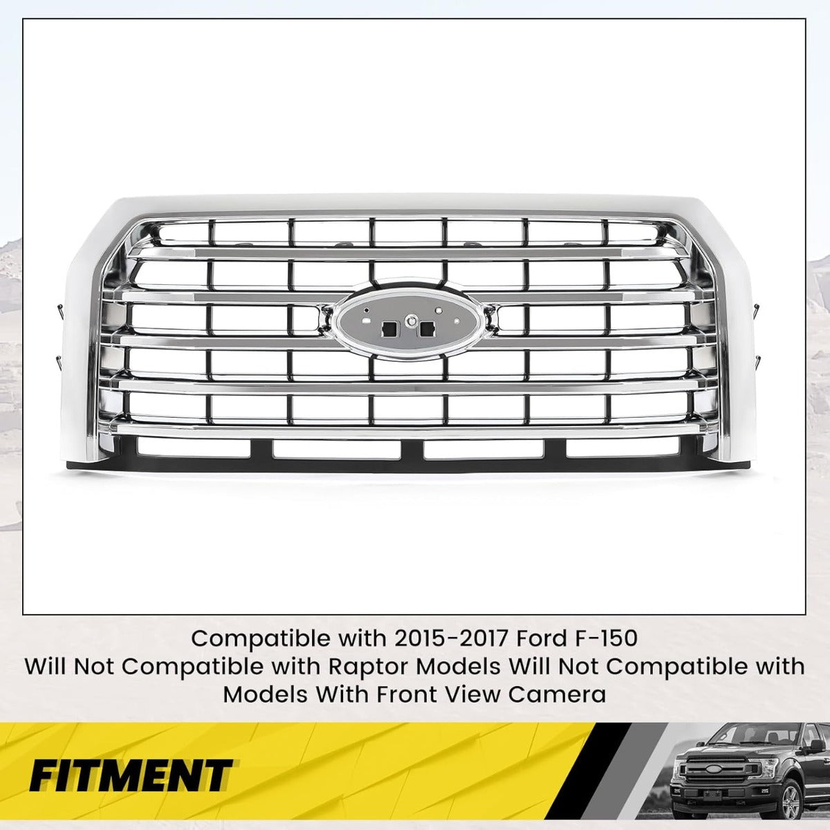 Front Bumper Grille Compatible with 2015-2017 Ford F-150 Replacement for FO1200582 FL3Z8200EA Grill Chrome Silvery