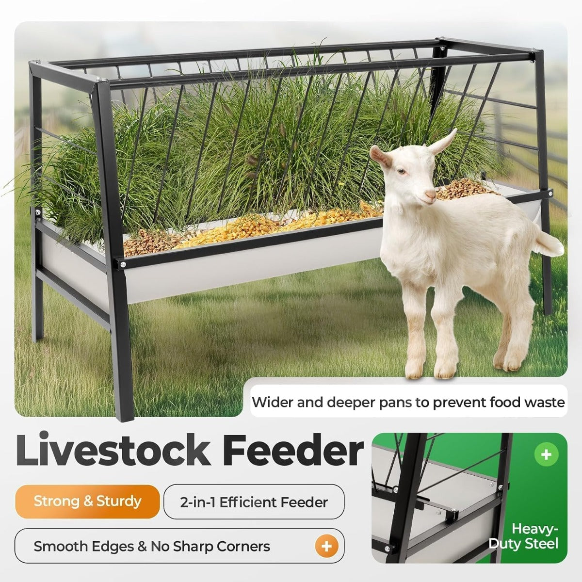 Pasture Hay Feeder 2 in 1 55 Gallon Livestock Feed Trough with 22