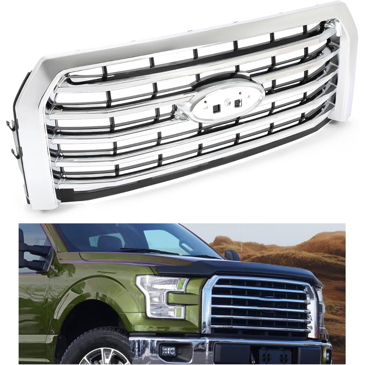 Front Bumper Grille Compatible with 2015-2017 Ford F-150 Replacement for FO1200582 FL3Z8200EA Grill Chrome Silvery