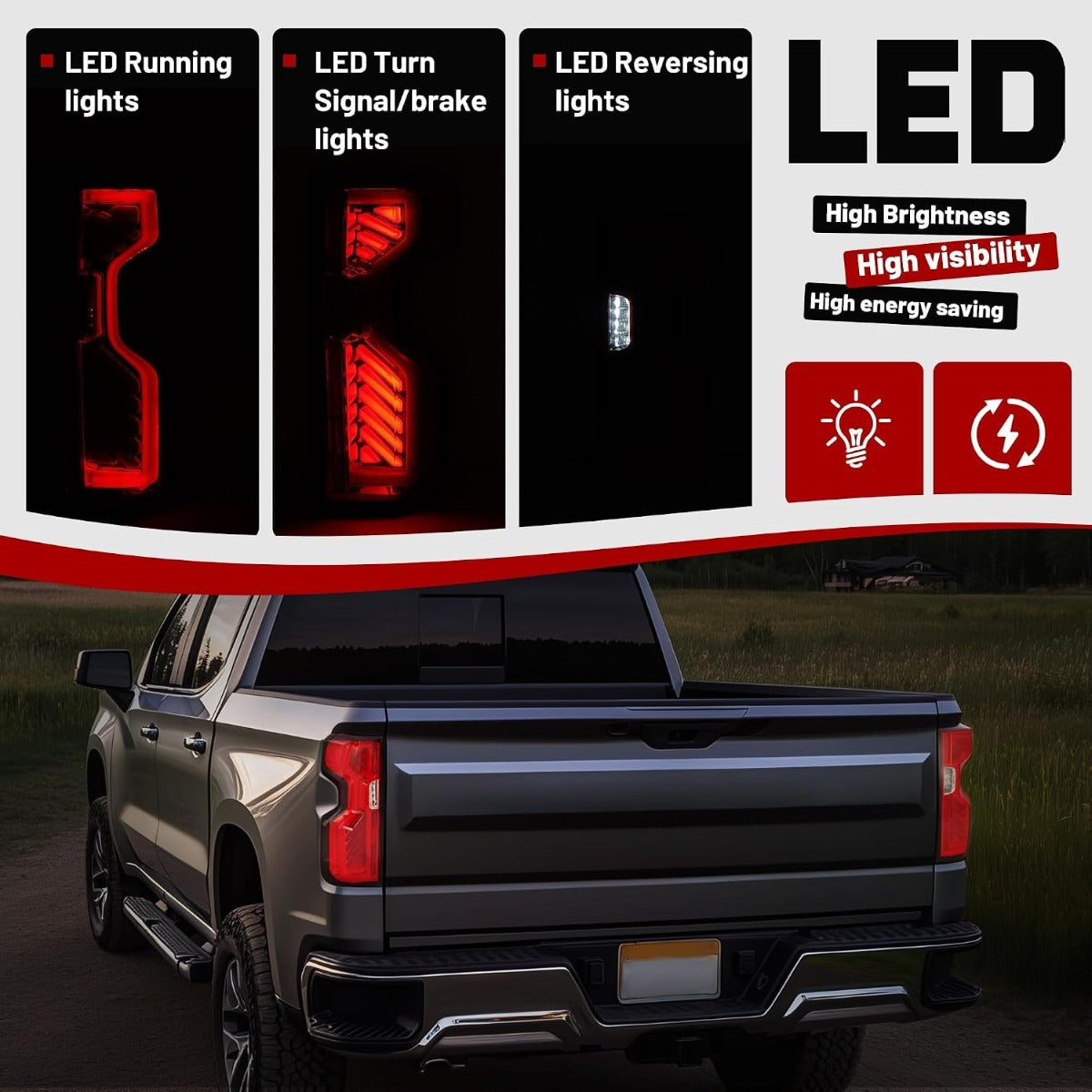 HECASA Pair Tail Lights Compatible with 2019-2023 Chevy Chevrolet Silverado 1500 2500HD 3500HD Full LED Rear Taillight Brake Lamp DRL Red Lens Chrome Housing Replacement for GM2800311 GM2801311