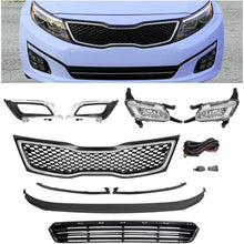 Upper + Lower Grille + Fog Light W/Accessories Compatible with 2014-2015 Kia Optima Bumper Grill and Fog Light Assembly W/Fog Light Bezel+Fog Light Trim+Front Bumper Lip+Grille Trim