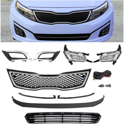 Upper + Lower Grille + Fog Light W/Accessories Compatible with 2014-2015 Kia Optima Bumper Grill and Fog Light Assembly W/Fog Light Bezel+Fog Light Trim+Front Bumper Lip+Grille Trim