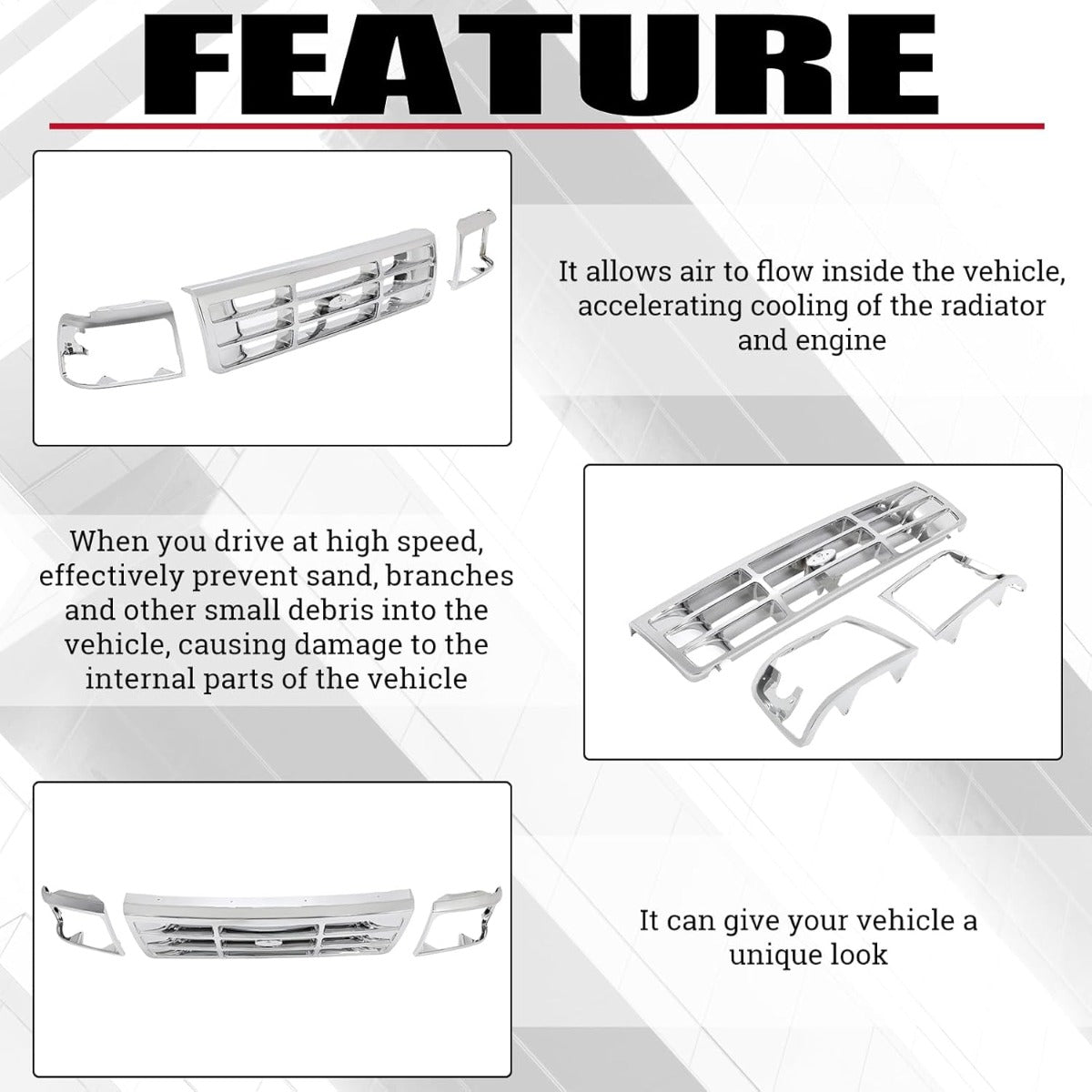 Front Grille & Headlight Bezel Compatible with 1992-1997 Ford Bronco F-150 F-250 HD F-350 Replacement for F4TZ8200A FO1200173 F2TZ13064D FO2512130 F2TZ13064C FO2513131 FO1200442 Chrome Silvery