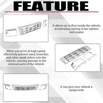 Front Grille & Headlight Bezel Compatible with 1992-1997 Ford Bronco F-150 F-250 HD F-350 Replacement for F4TZ8200A FO1200173 F2TZ13064D FO2512130 F2TZ13064C FO2513131 FO1200442 Chrome Silvery