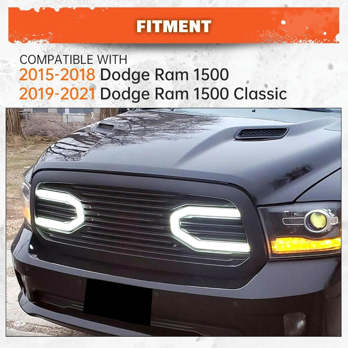 Front Grill Compatible With 2015-2018 Dodge RAM 1500 2019-2021 Ram 1500 Classic(Black W/Light) Big Horn Bumper Grille Replacement Shell