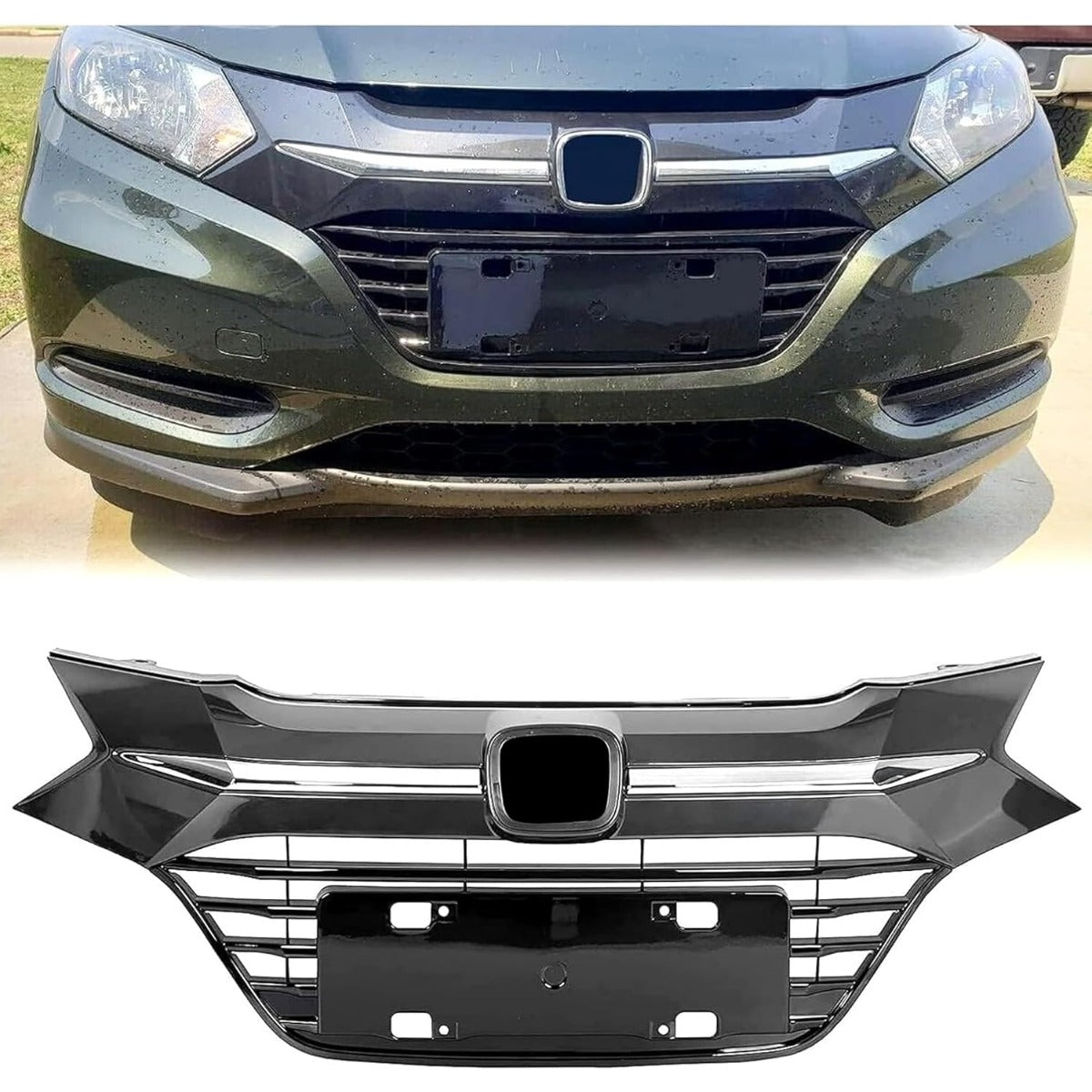 Front Upper Bumper Grille Compatible With 2016 2017 2018 Honda HRV HR-V Grill Assembly Chrome Glossy Black Replacement for 71121-T7W-A00