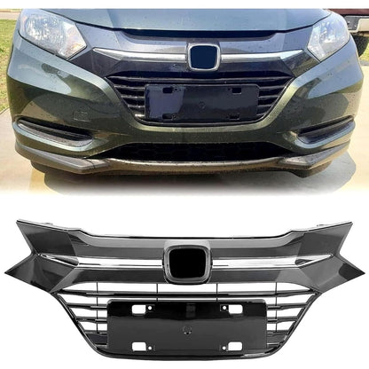 Front Upper Bumper Grille Compatible With 2016 2017 2018 Honda HRV HR-V Grill Assembly Chrome Glossy Black Replacement for 71121-T7W-A00