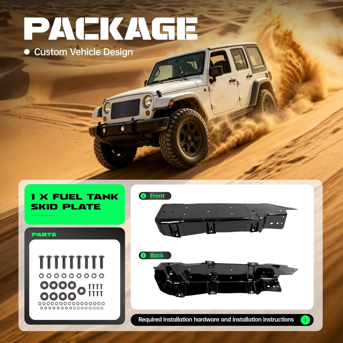 Fuel Tank Skid Plate Guard Compatible with 2007-2018 Jeep Wrangler 4 Door Replacement for 52059747AD 52059747AE 52059747AF 52059747AG Steel Powder Coated