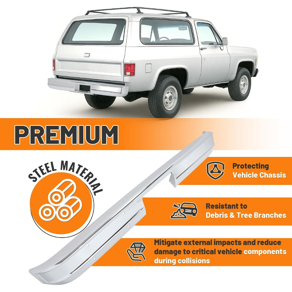 KUAFU Rear Bumper Face Bar Compatible with 1973-1980 Chevy Chevrolet GMC K5 K10 K20 C10 C20 C30 K15/K1500 K25/K2500 C25/C2500 C35/C3500 Suburban Pickup Jimmy Blazer Fleetside Steel Chrome Silvery