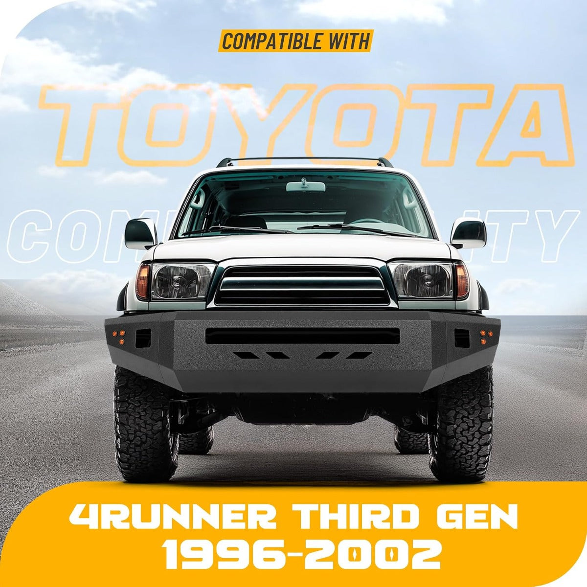 Front Bumper Assembly Compatible with 1996-2002 Toyota 4Runner Third Gen w/Light Holes & Flush Mount Amber LED Turn Signal Lights Steel Powder Coated Black