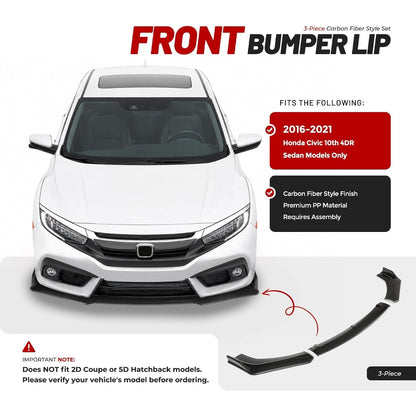 ALMULOO 3Pcs Front Bumper Lip Compatible with 2016-2021 Honda Civic Sedan
