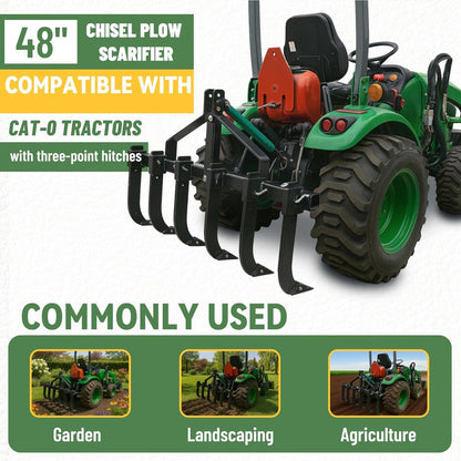 48 Inches Chisel Plow Scarifier W/6 Adjustable Shanks Compatible with CAT-0 Tractors Detachable Cultivator 3-Point Plow Scarifier Implement for Pulverizing Soil, Ripping Through Roots