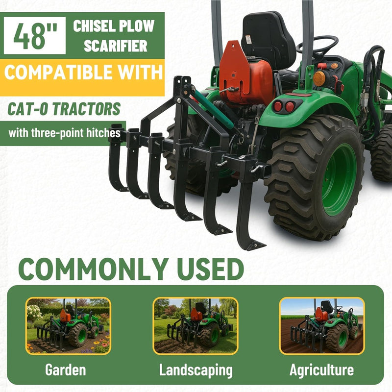 KUAFU 48" Chisel Plow Scarifier W/6 Adjustable Shanks Compatible with CAT-0 Tractors Detachable Cultivator 3-Point Plow Scarifier Implement for Pulverizing Soil, Ripping Through Roots