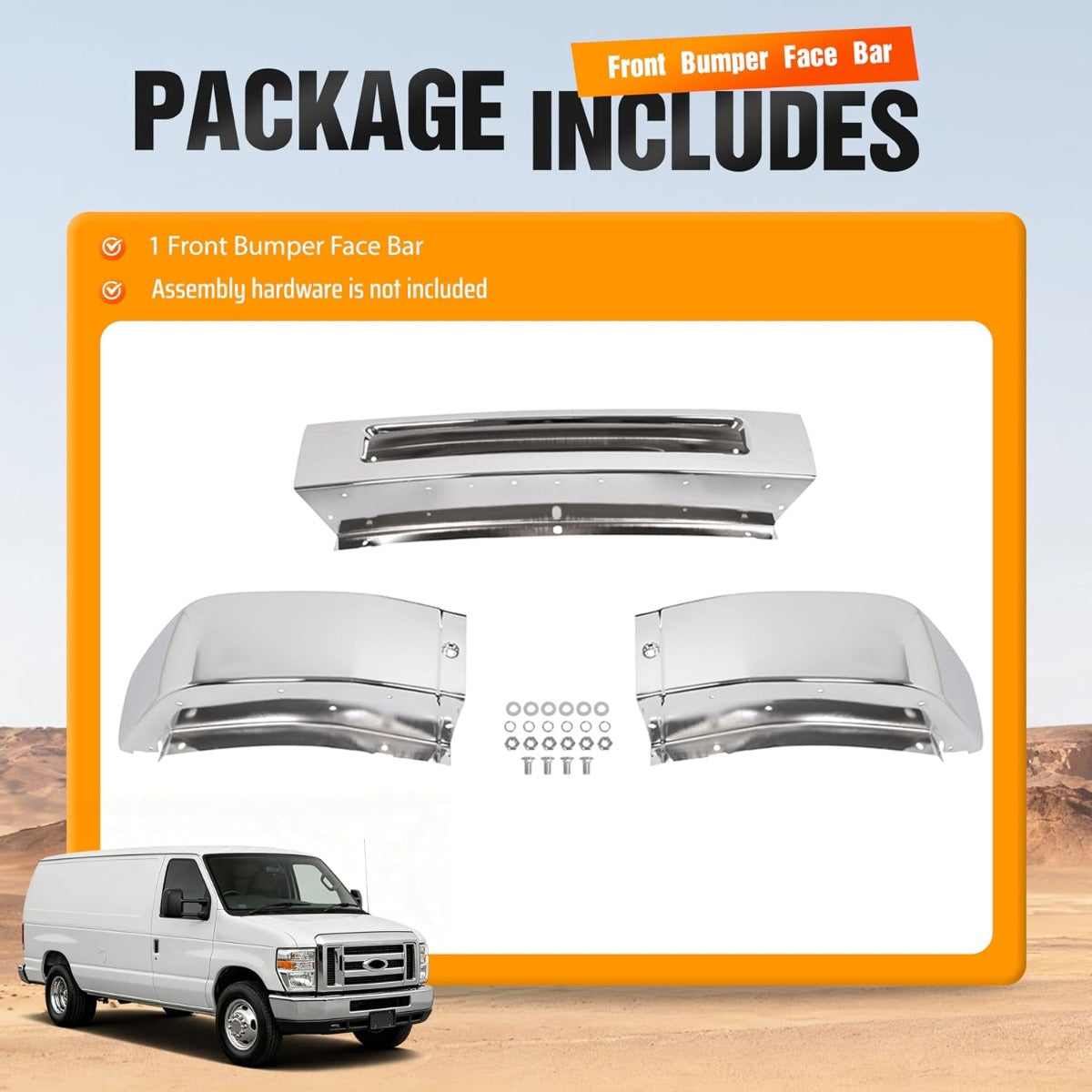 ALMULOO Steel Front Bumper Face Bar Compatible with 2008-2014 Ford E-150/E-250 and 2008-2019 Ford E-350 Super Duty/E-450 Super Duty Replace 8C2Z17757B FO1002410 Chrome Silvery split design in 3pcs