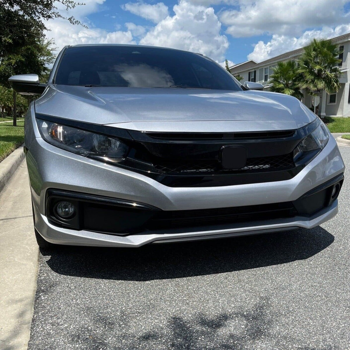 Front Bumper Mesh Grille Compatible with 2019-2021 Honda Civic Type R Style Replacement for 71125-TEY-Y01, 71121-TBA-A51, HO1200241 Glossy Black Hood Mesh Grill w/ 2Pcs Eyebrows ABS Plastic