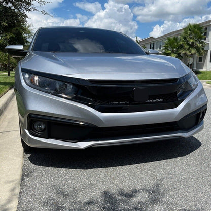 Front Bumper Mesh Grille Compatible with 2019-2021 Honda Civic Type R Style Replacement for 71125-TEY-Y01, 71121-TBA-A51, HO1200241 Glossy Black Hood Mesh Grill w/ 2Pcs Eyebrows ABS Plastic