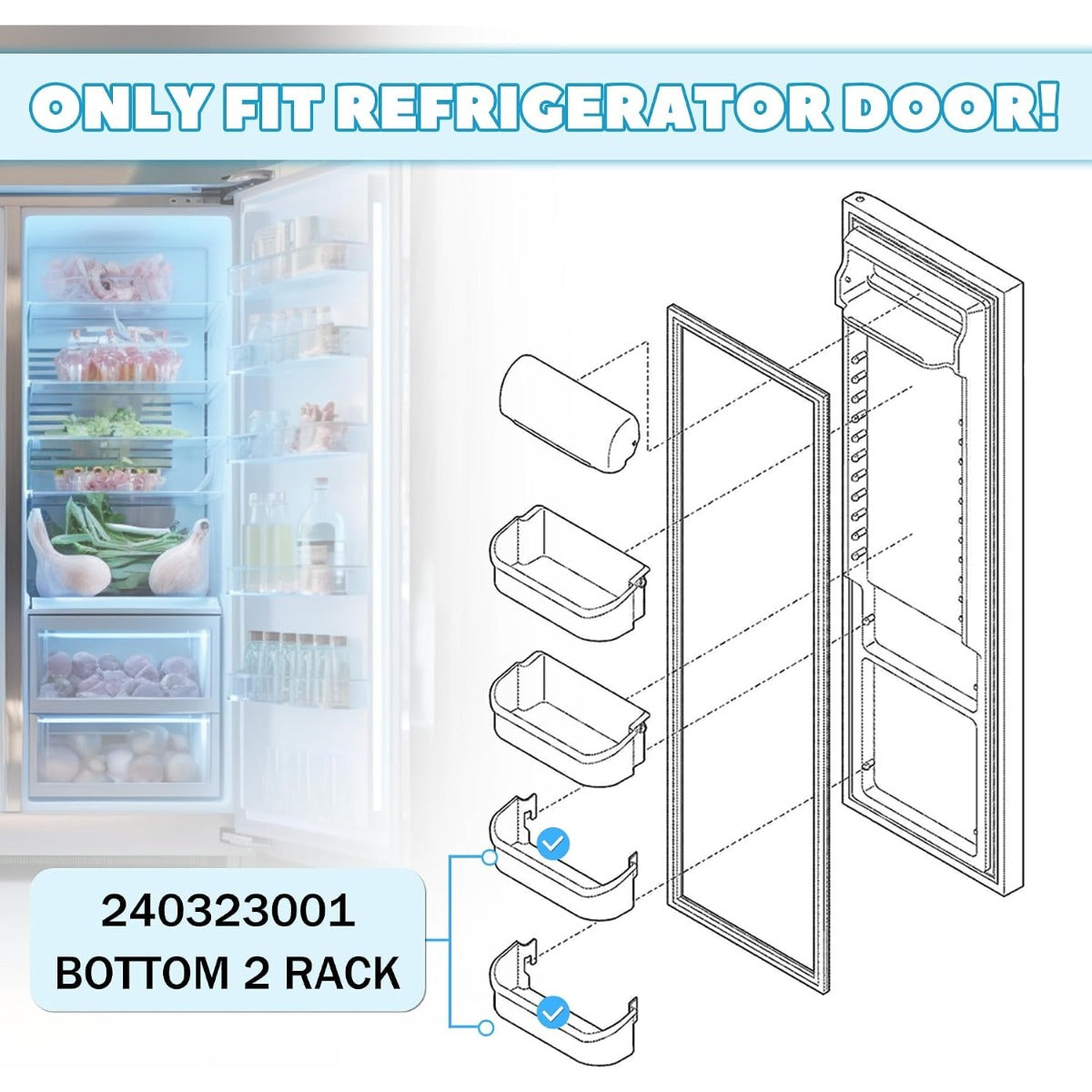 Kojem 240323001 AP2115741 PS429724 Replacement Refrigerator Door Bin Shelf Compatible with Frigidaire Refrigerator Lower Door Shelf Replacement for AH429724, 240323007 - White ABS Plastic 2Pcs