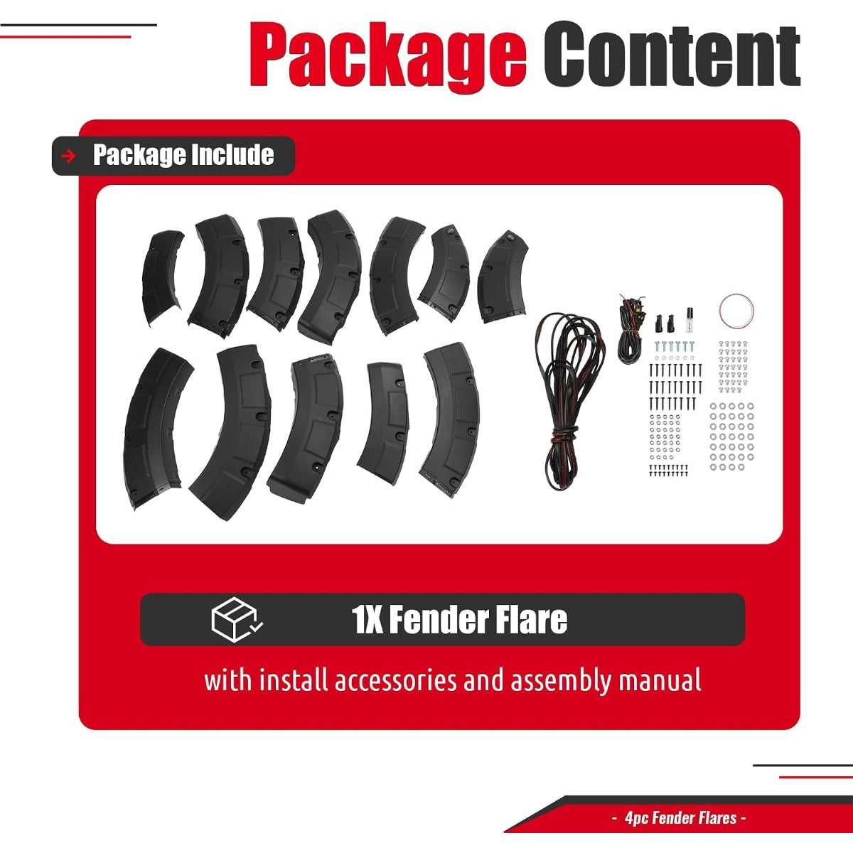 4-piece fender flare set for 2018–2020 Ford F-150 | excluding models with Technology Package, 3 pieces per set rivet-style mount plastic (PP) material black textured finish