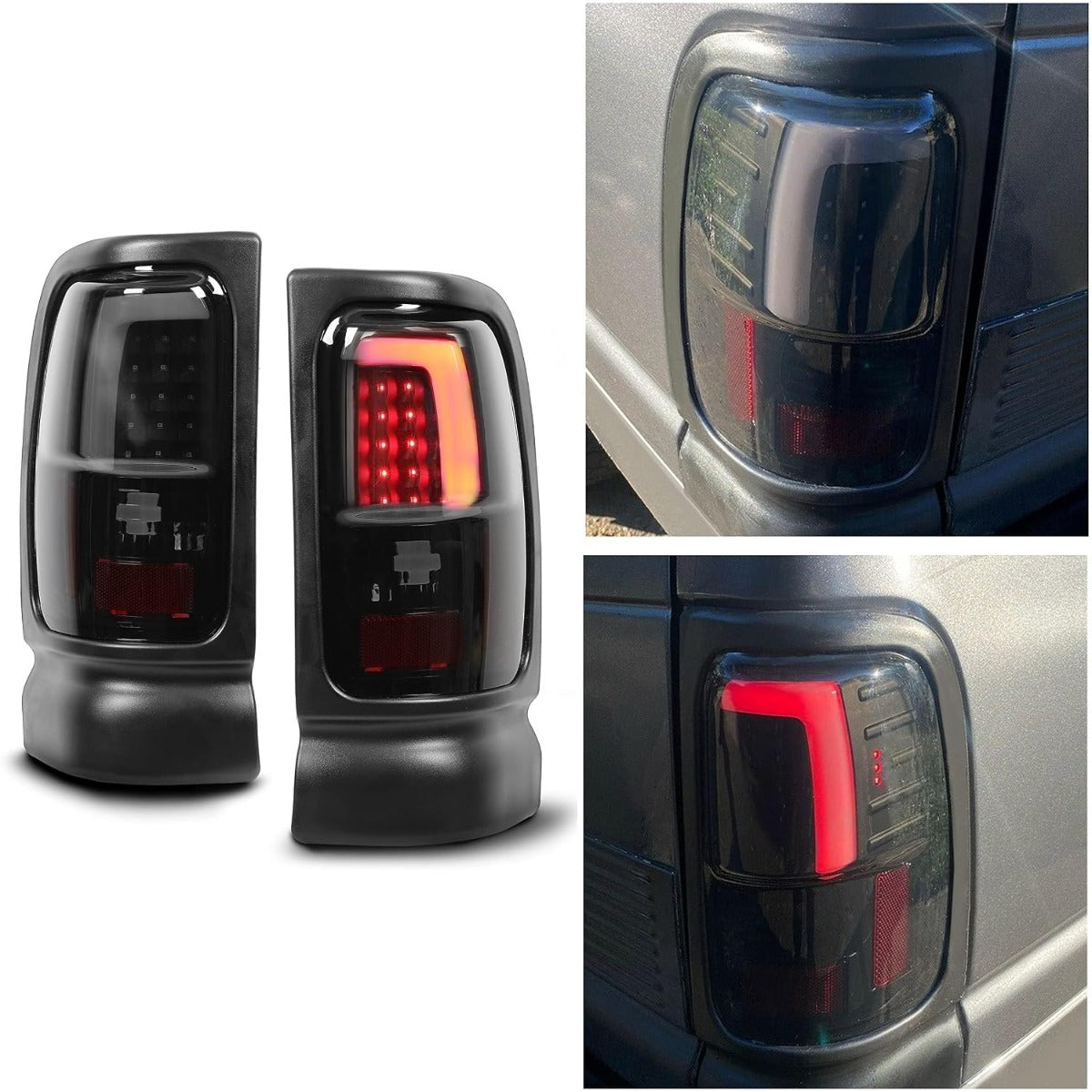 Kojem LED Tail Lights Pair Compatible with 1994-2002 Dodge Ram 1500 2500 3500 LED Tube Bar Tube Taillight Brake Turn Signal Lamps Pair Black Housing & Smoke Lens Replacement for CH2800122 CH2801122