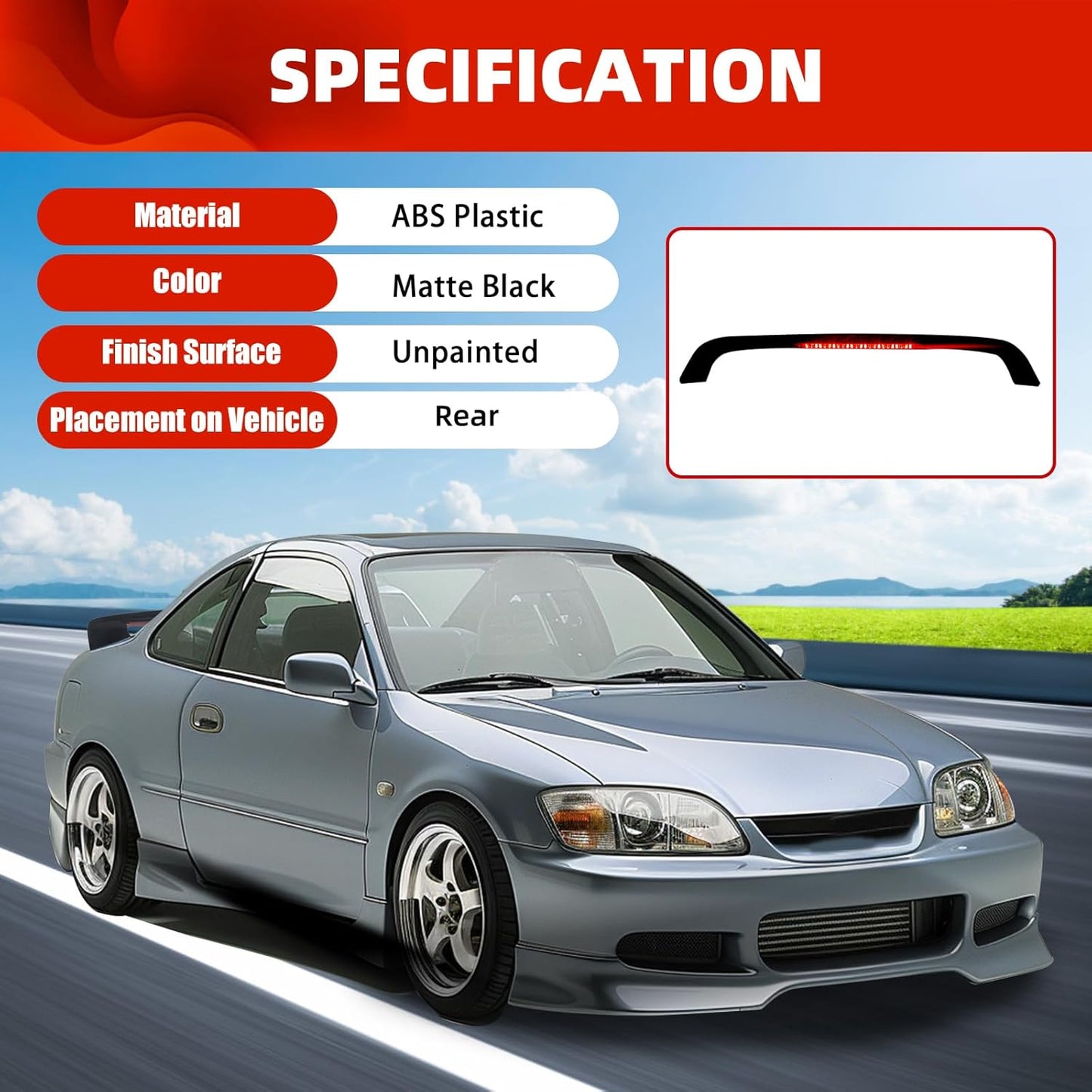 Rear Trunk Lid Spoiler Wing Compatible with 1996-2000 Honda Civic 2DR Coupe w/LED Brake Light Matte Black ABS Plastic Paintable Winglet LYAP-528S
