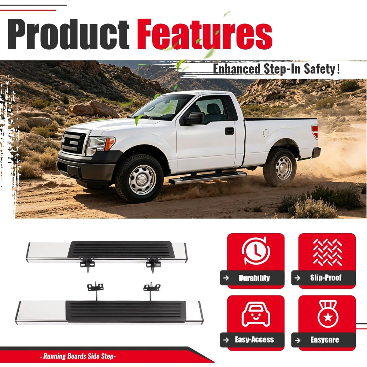 Running Board Side Step Compatible with 2004-2014 Ford F-150 2 Door Regular Cab Step Nerf Bar 304 Stainless Steel+Plastic Powder Coated+Textured Black+Silvery