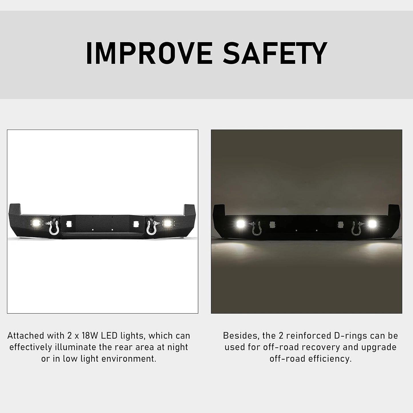 Rear Bumper Compatible with 2005-2015 Toyota Tacoma w/ 18W Led Lights License Plate D-Rings Step Bumper Steel Powder Coated Black LYAM-032SA+LYAM-032SB
