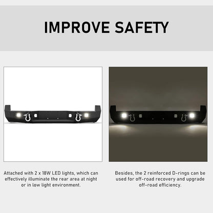 Rear Bumper Compatible with 2005-2015 Toyota Tacoma w/ 18W Led Lights License Plate D-Rings Step Bumper Steel Powder Coated Black LYAM-032SA+LYAM-032SB
