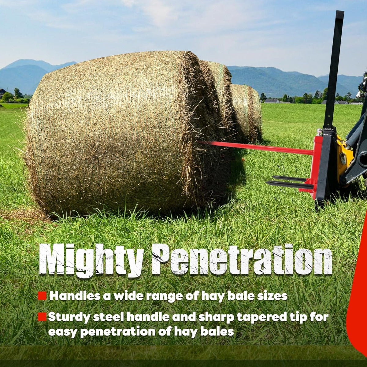 47 Inches 3 Point Hitch Adapter & Hay Bale Spear Fit for Category 1 Tractors W/2 Stabilizers Bale Spear 2 Inches Receiver Loading 1-7/8 Inches Gooseneck Ball Drawbar Hay Quick Hitch Attachment-Red 1200 LBS