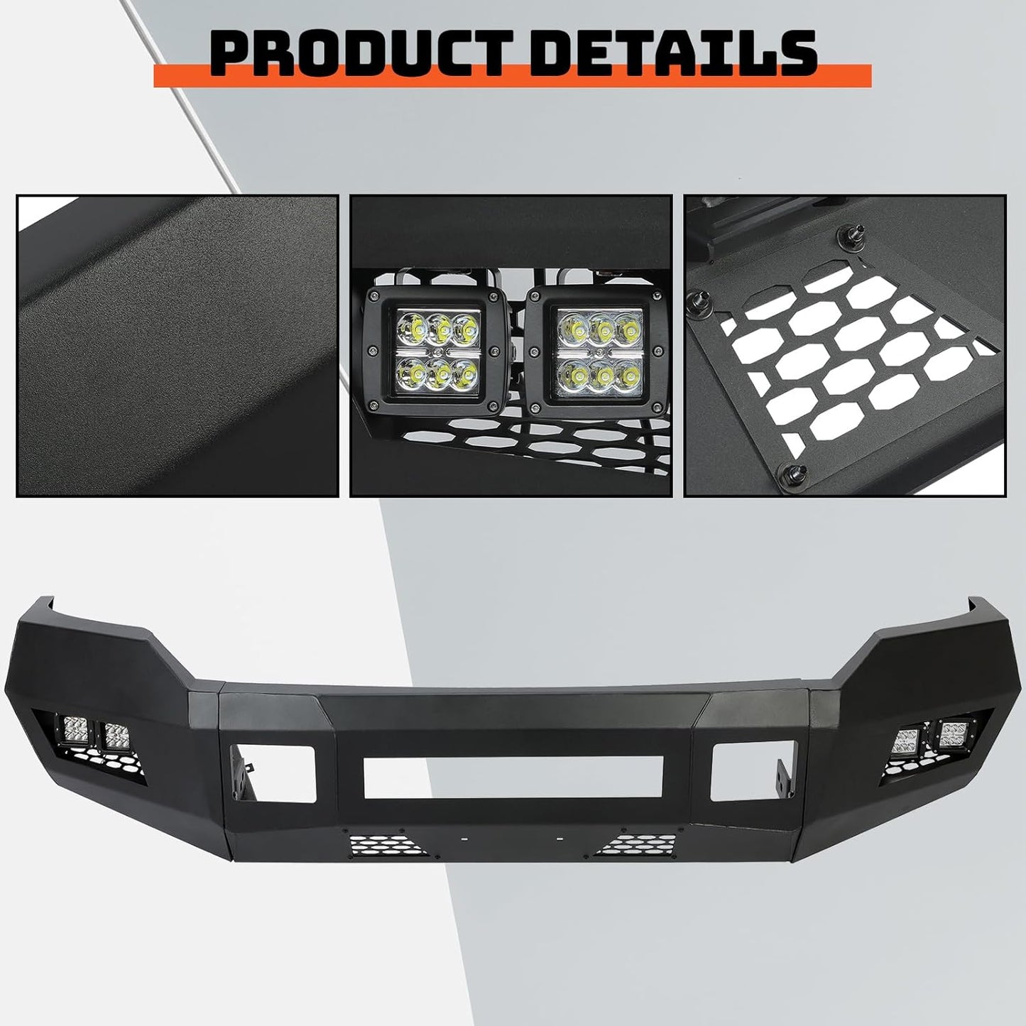 Front Bumper Compatible with 2011-2016 Ford F250 F350 Super Duty W/LED Lights 3 PCS Bumper Assembly Steel Powder Coated Black (2 Packages) LYAM-043TA+LYAM-043TB