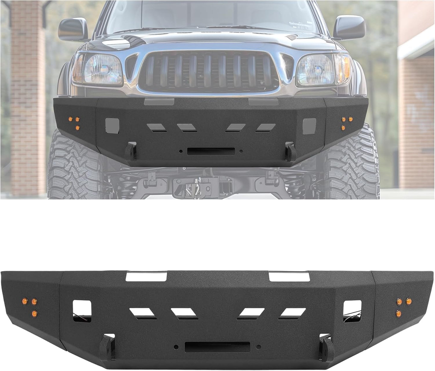 Front Bumper Compatible with 1995-2004 Toyota Tacoma First Gen W/Light Steel Powder Coated Black 2 Packages LYAM-X1225A+LYAM-X1225B
