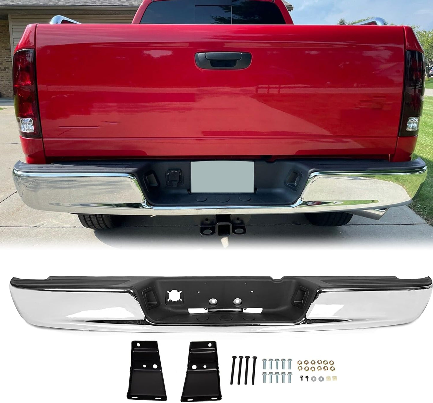 Rear Step Bumper Assembly Compatible With 2002-2008 Dodge Ram 1500 2003-2009 Ram 2500 3500 Replace for CH1103111 CH1103108 W/Top Pads & & license Plate lamp Chrome LYAM-363S