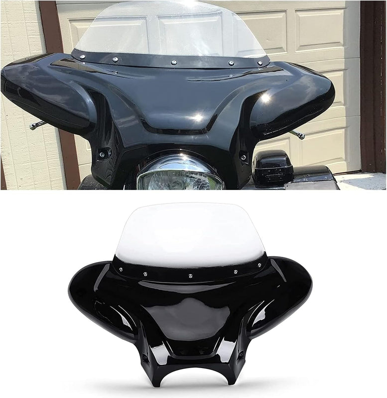 Universal Motorcycle Cruiser Front Outer Fairing Batwing w/Clear Windshield 37inches Wide x 24inches Tall Bat Wing Transparent Black ABS Plastic Durable WSD-07