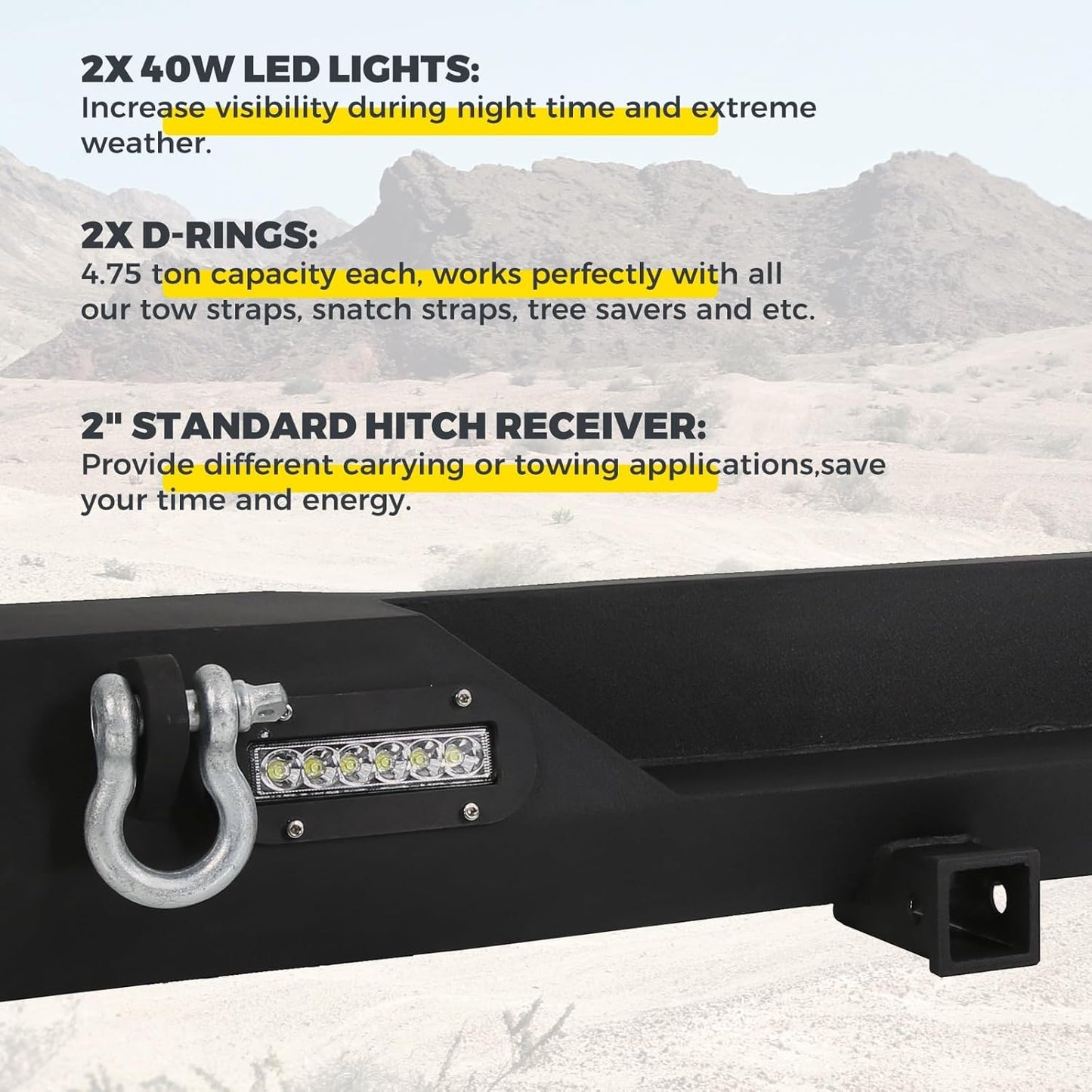 Rear Bumper Compatible with 1987-2006 Jeep Wrangler TJ YJ With LED Lights 2inches Hitch Receiver D-rings Off-Road Style Black Texture LYAM-301S