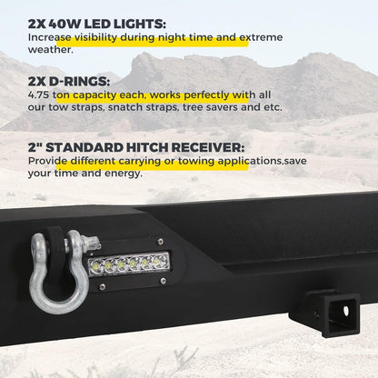 Rear Bumper Compatible with 1987-2006 Jeep Wrangler TJ YJ With LED Lights 2inches Hitch Receiver D-rings Off-Road Style Black Texture LYAM-301S