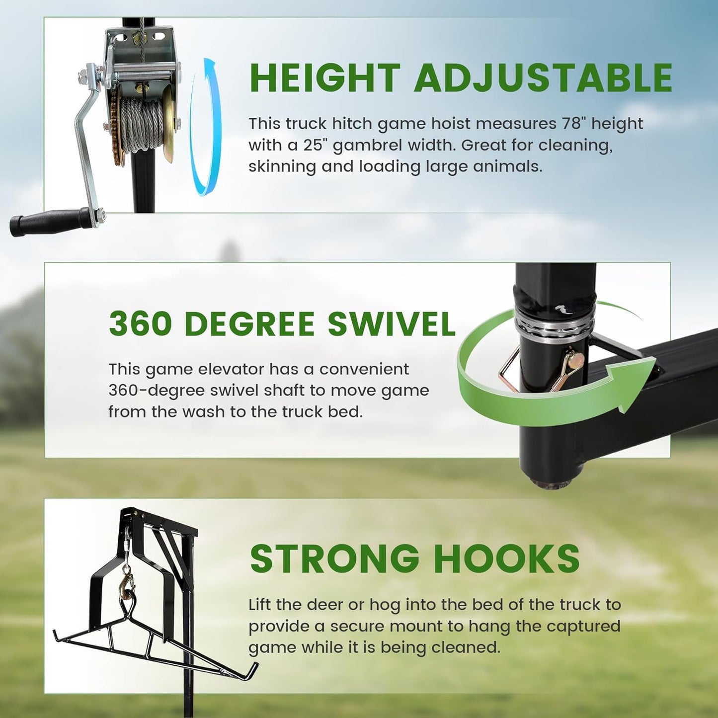 Truck 2inches Hitch Game Hunting Hoist, 600LB Big Game Hunting Deer Hoist, Include Gambrels Winch for Skinning or Cleaning Game, Winch Lift Gambrel Set 360 Degree Swivel Hitch Mounted LYOM-039