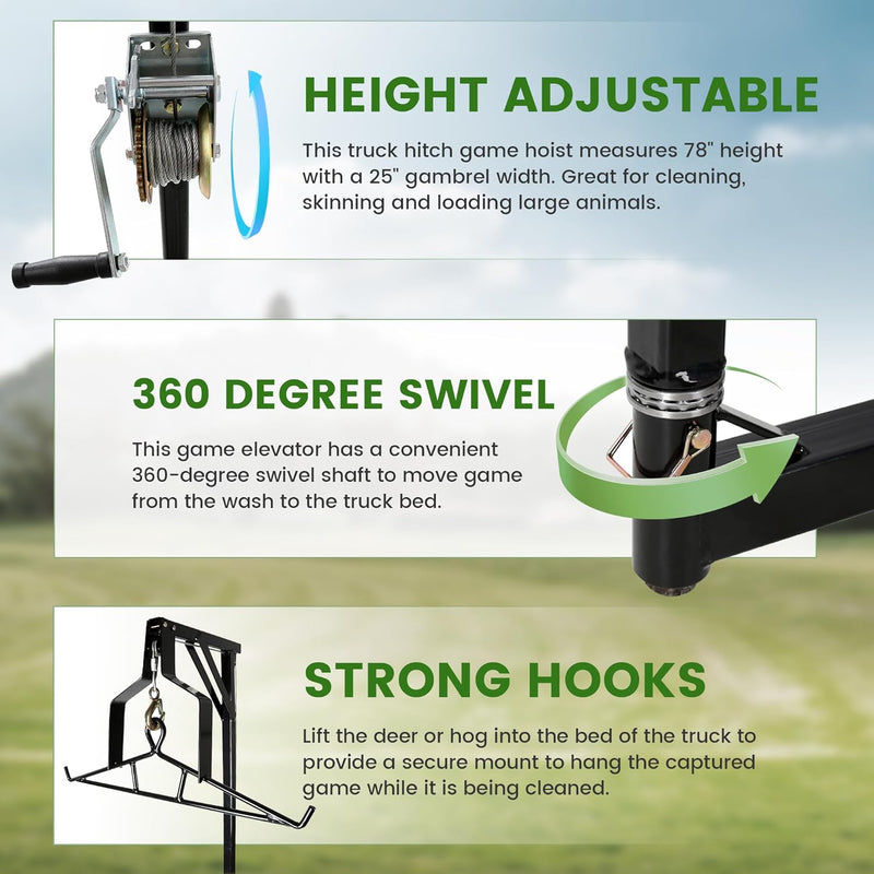ECOTRIC Truck 2inches Hitch Game Hunting Hoist, 600LB Big Game Hunting Deer Hoist, Include Gambrels Winch for Skinning or Cleaning Game, Winch Lift Gambrel Set 360 Degree Swivel Hitch Mounted LYOM-039