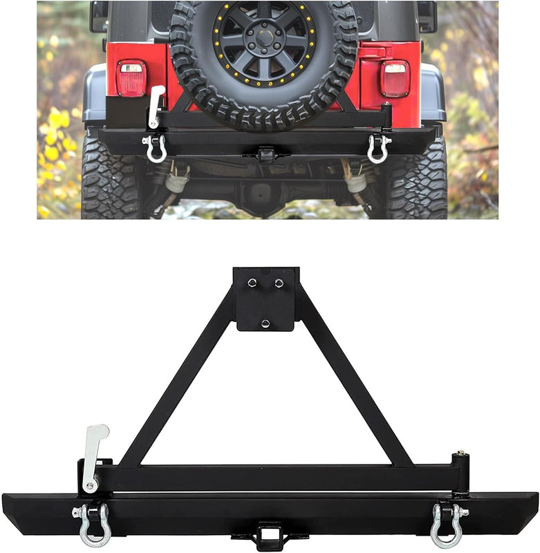 ECOTRIC Rear Bumper Compatible With 1987-2006 Wrangler TJ YJ LJ W/Tire Carrier&D-Rings Steel Textured Black LYAM-291A+LYAM-291B