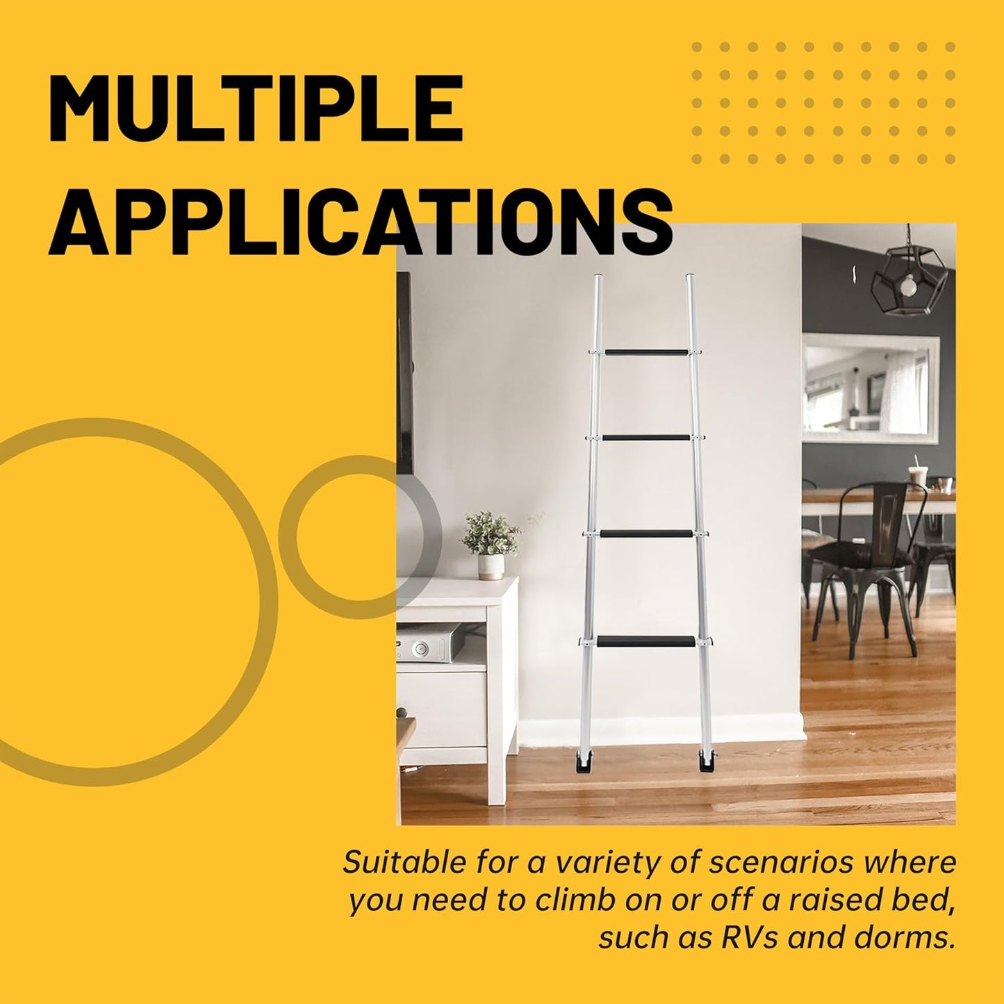 60inches Bunk Ladder Compatible with RV W/Hook and Rubber Foot Pads Aluminum Anti-Slip Bunk Bed Dorm Loft Home Appartments Ladder Lightweight and Sturdy Design for Safe Climbing 450LBS LYOM-046S