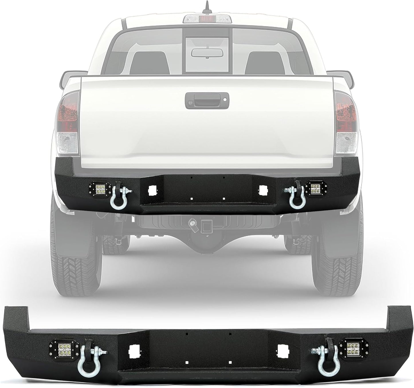 Rear Bumper Compatible with 2005-2015 Toyota Tacoma w/ 18W Led Lights License Plate D-Rings Step Bumper Steel Powder Coated Black LYAM-032SA+LYAM-032SB